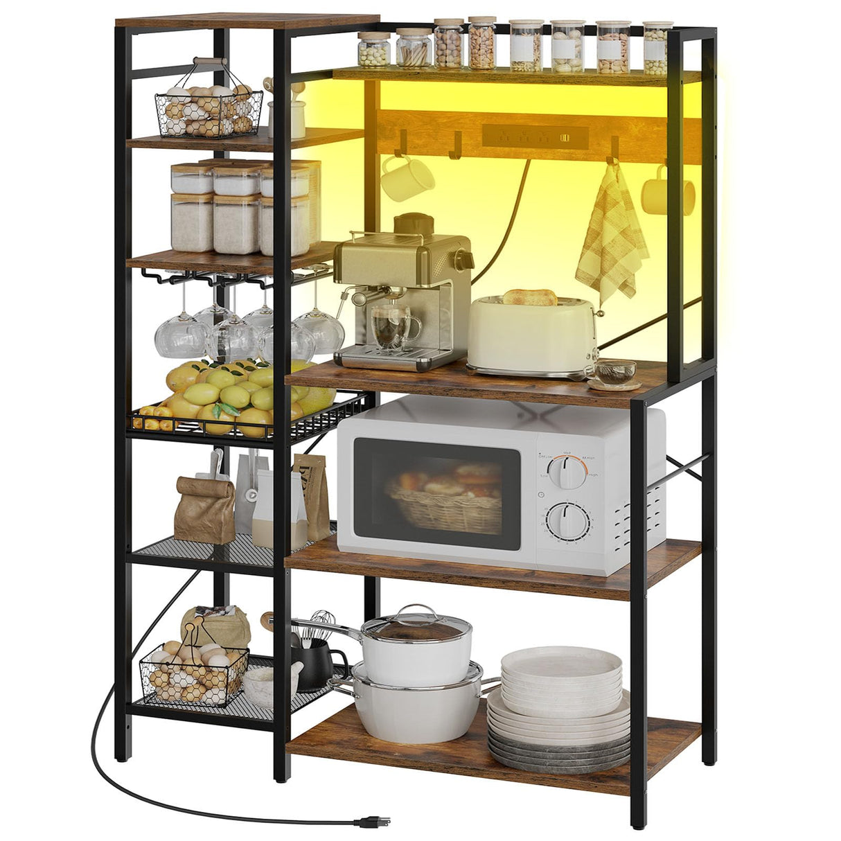 HOOBRO Bakers Rack with Power Outlet, 35.8 Inches Kitchen Microwave Oven Stand Storage Shelf with Goblet Holder, Coffee Bar with LED Lights, and Wire Basket, Rustic Brown and Black BF90UDHB01 HOOBRO