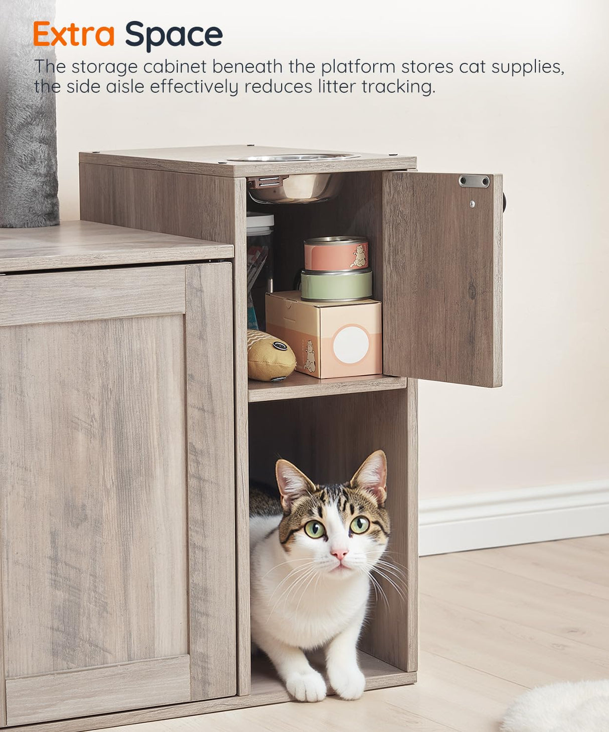 HOOBRO Cat Tree with Litter Box Enclosure, Cat Tower with Food Bowl and Storage, Hidden Cat Litter Enclosure Furniture, All-in-One Modern Cat Condo, with Cat House, Hammock and Perch, Greige BG80MZ03 HOOBRO