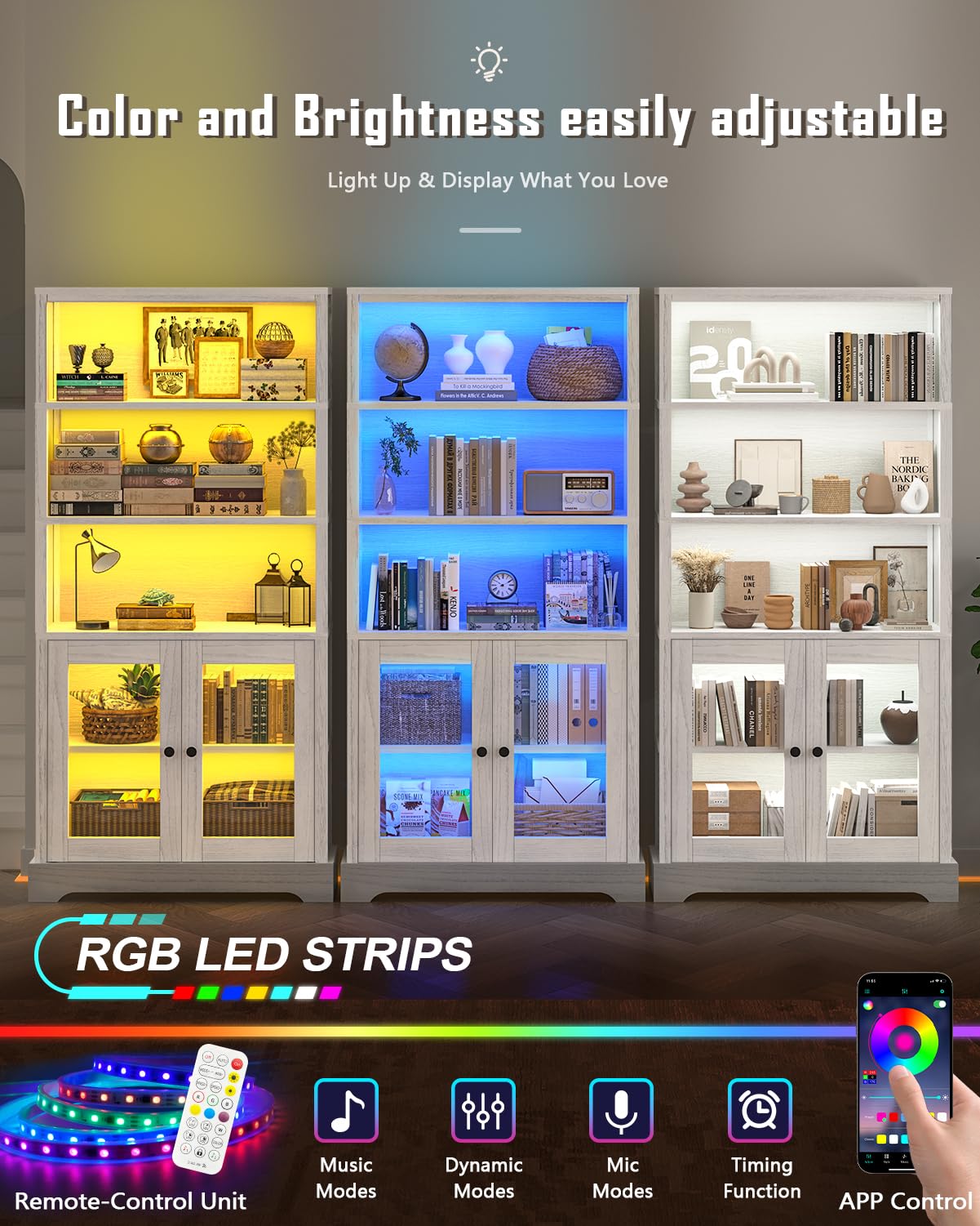 TVU 5-Tier Bookcase with Cabinet & LED, Wood 65 Inch Tall Bookshelf with Storage, Floor Standing Display Book Shelf for Living Room, Office, Study, Entryway (Antique White) TVU