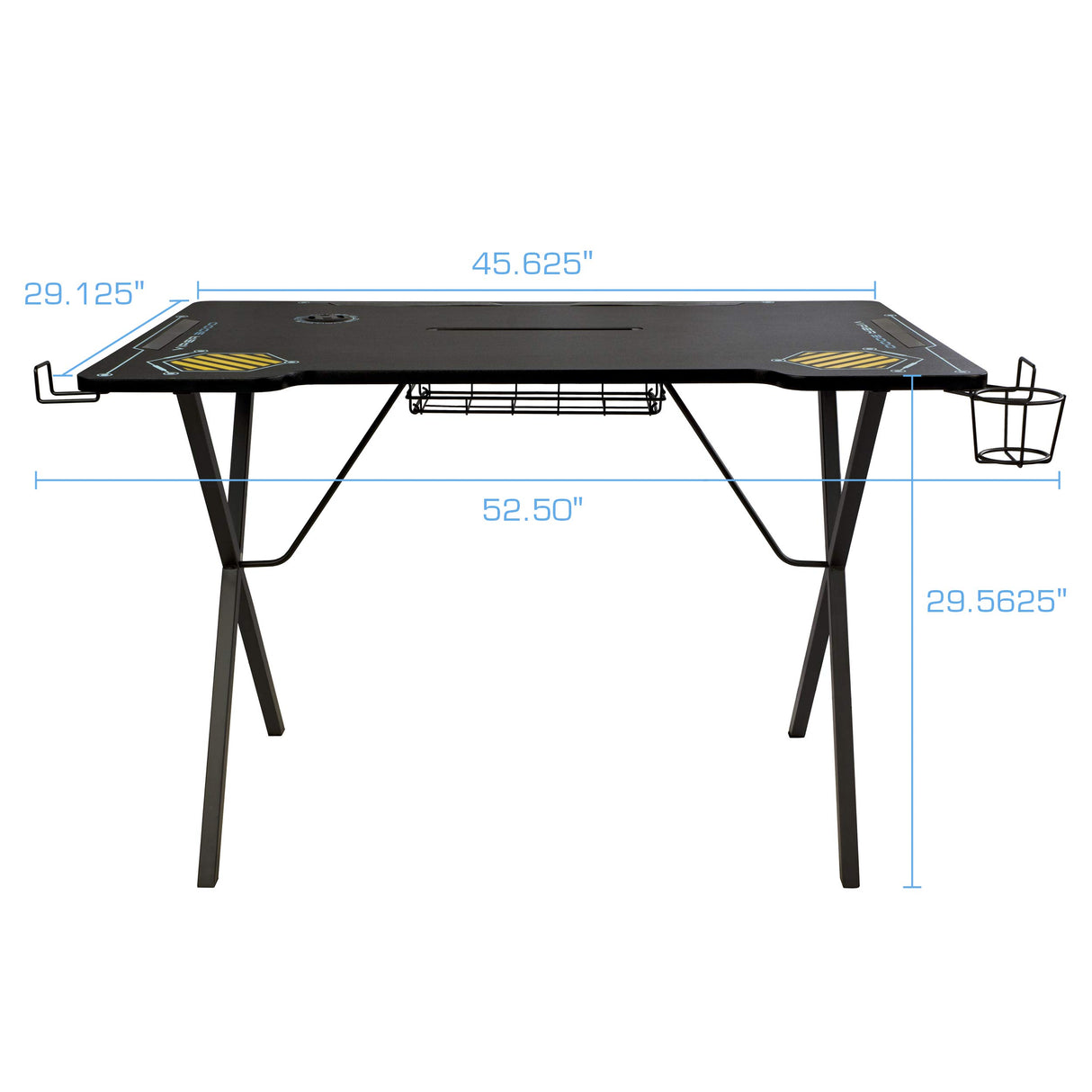Atlantic Viper 3000 Gaming Desk – Single Laminated Surface, Heavy-Duty Steel X-Legs, Integrated LED, 3 USB 3.0 Ports, Smart Device Slot, Surge Protector Tray, Headset Hooks, PN 33906164 - Black Atlantic