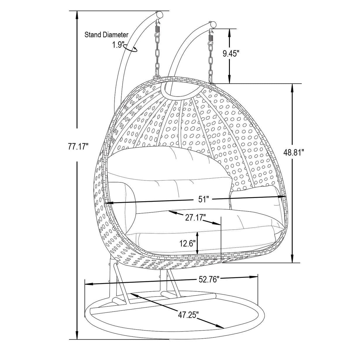 LeisureMod Light Gray Wicker 2-Person Patio Hanging Double Egg Swing Chair with Stand & Cushions for Indoor Outdoor Patio Garden Light Grey LeisureMod