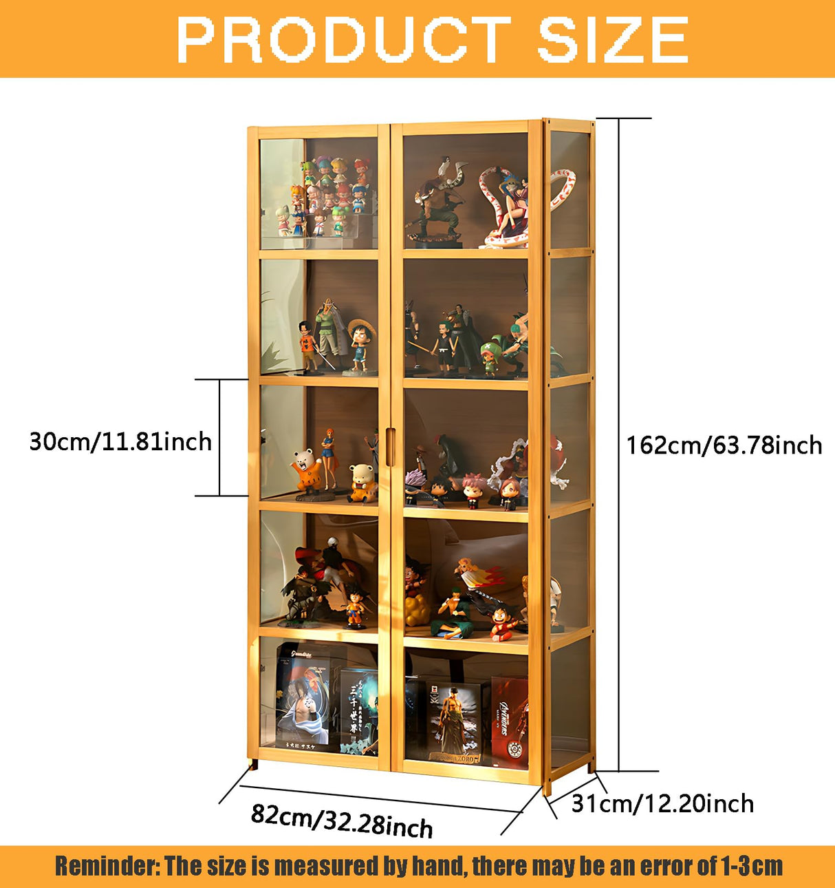 idhhco 5 Tier Curio Display Cabinet, Display Cabinet with Acrylic Glass Door, Collectibles Toy Organizers Rack & Display Shelf, Kids Bookcase for Bedroom, Reading Nook, Toddler's Room, Bamboo idhhco