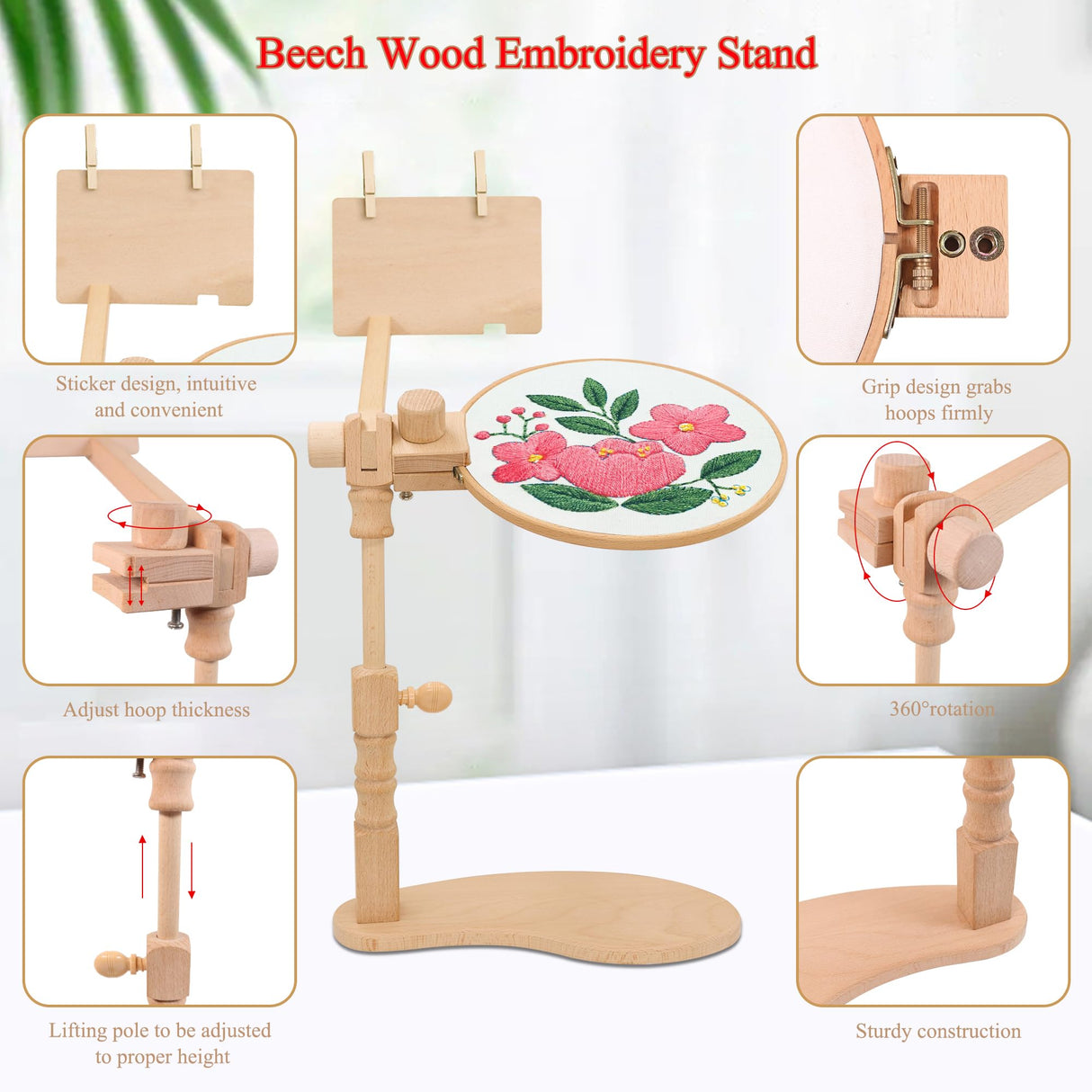 Embroidery Hoop Stand, 360° Adjustable Sitting Cross Stitch Stand, Easy to Use Wooden Embroidery Hoop Holder, Cross Stitch Stand for Art Craft Sewing Projects guofa