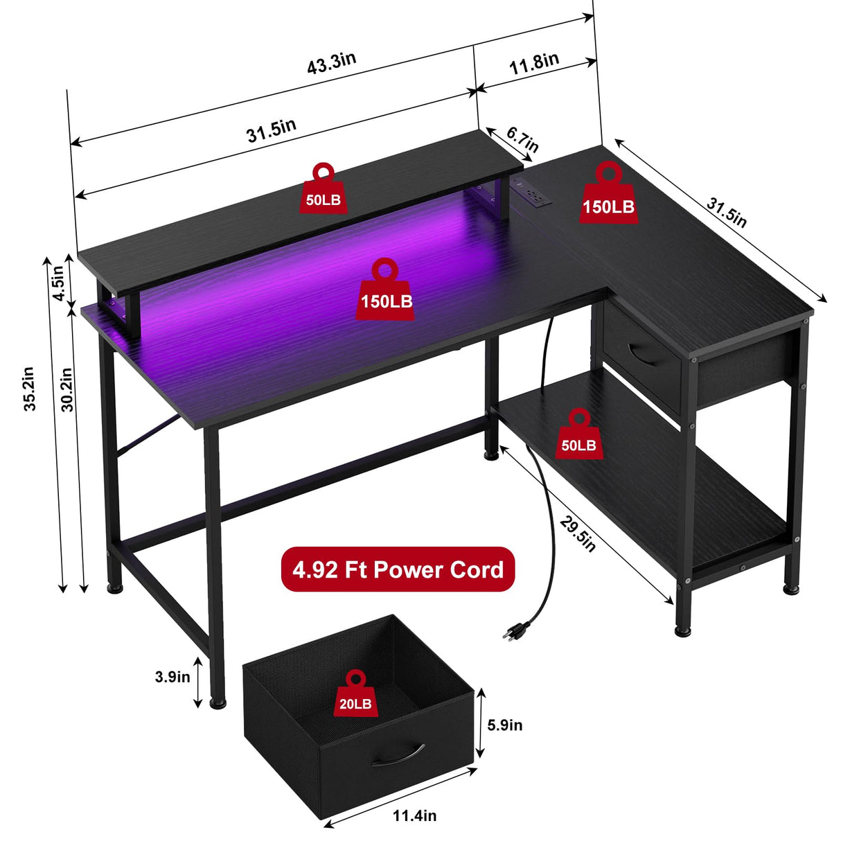 Fixwal L Shaped Gaming Desk with Power Outlets and LED Lights, 43 Inch Computer Desk with Charging Port, Small Corner Desk Table with Drawer and Shelf, Home Office Desk with Monitor Stand, Black Fixwal