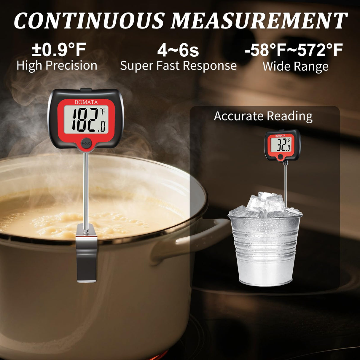 BOMATA Candy Thermometer with Pot Clip, Instant Read Cooking Thermometer with 8" Long Probe, Rotating Display, for Candy Making, Food, Candle Making, Liquids, Water, Baking, Sugar, Grilling. Black BOMATA