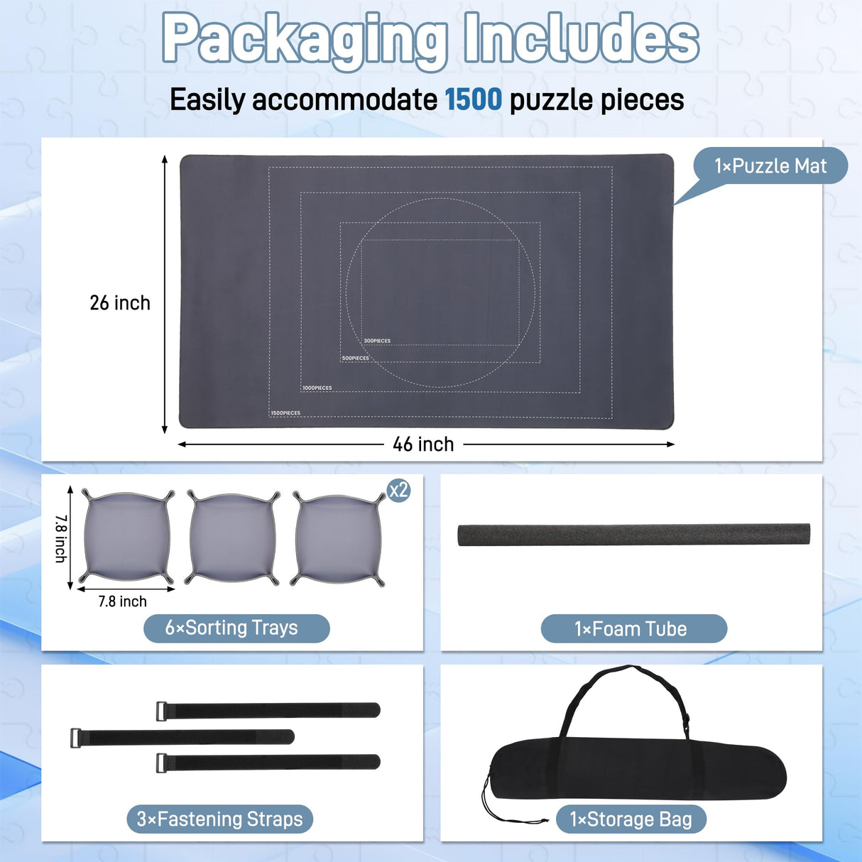 Bullro Jigsaw Puzzle Mat Roll Up 46" x 26", Roll Up Puzzle Mat Up to 1500 Pieces Puzzles with 6 Sorting Trays and Travel Storage Bag, Puzzle Mat with Non-Slip Rubber Bottom & Smooth Top