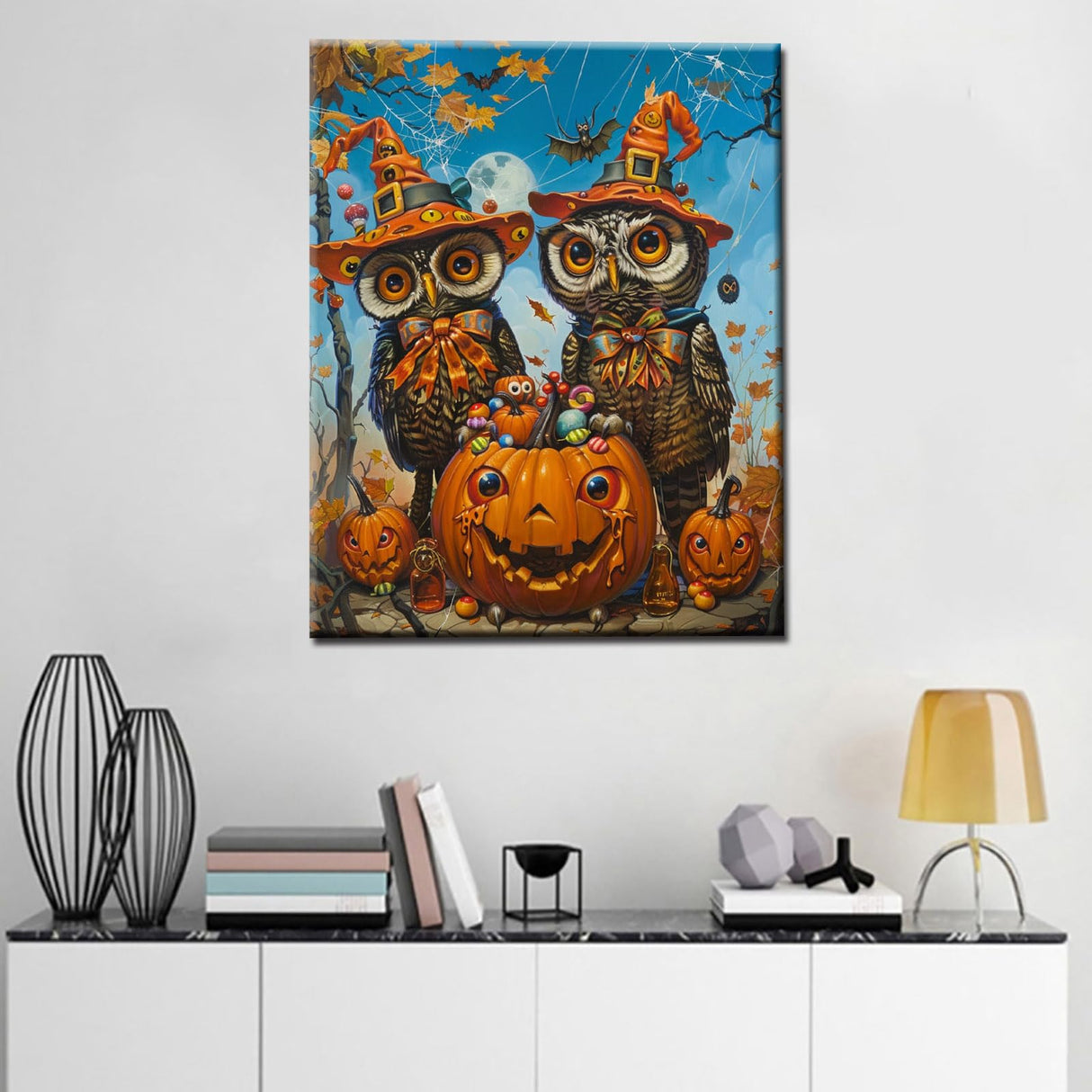 Tucocoo Three Cute Owls DIY Paint by Numbers for Adults Orange Pumpkin DIY Digital Oil Painting Halloween Painting Kits Canvas Acrylic Paint Room Decor 16x20Inch Without Frame Tucocoo