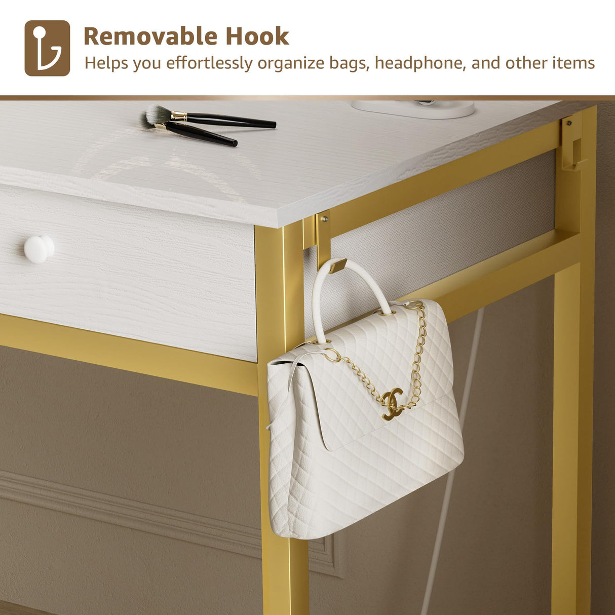 KAI-ROAD Makeup Vanity Desk with Mirror and Lights - Small White Gold Vanity Table with Fabric Drawers & Chair, Power Outlet, Modern Make Up Vanitys Desks Set, Dressing Table for Girls Bedroom KAI-ROAD