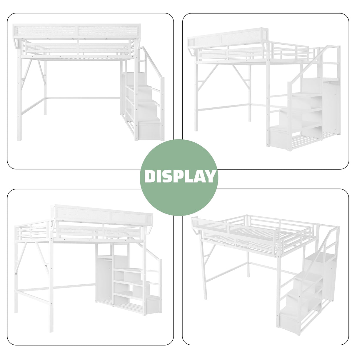 MoproBeti Queen Size Loft Bed with Stairs, Heavy Duty Metal Loft Beds Frame with Storage Shelf & Wardrobe, Tall LoftBed with Under-Bed Space for Adult Teens Junior,Space Saving Design,White MoproBeti