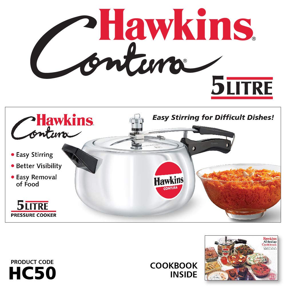 Hawkins 5 Litre Contura Pressure Cooker, Handi Inner Lid Cooker, Silver (HC50), Aluminium HAWKINS