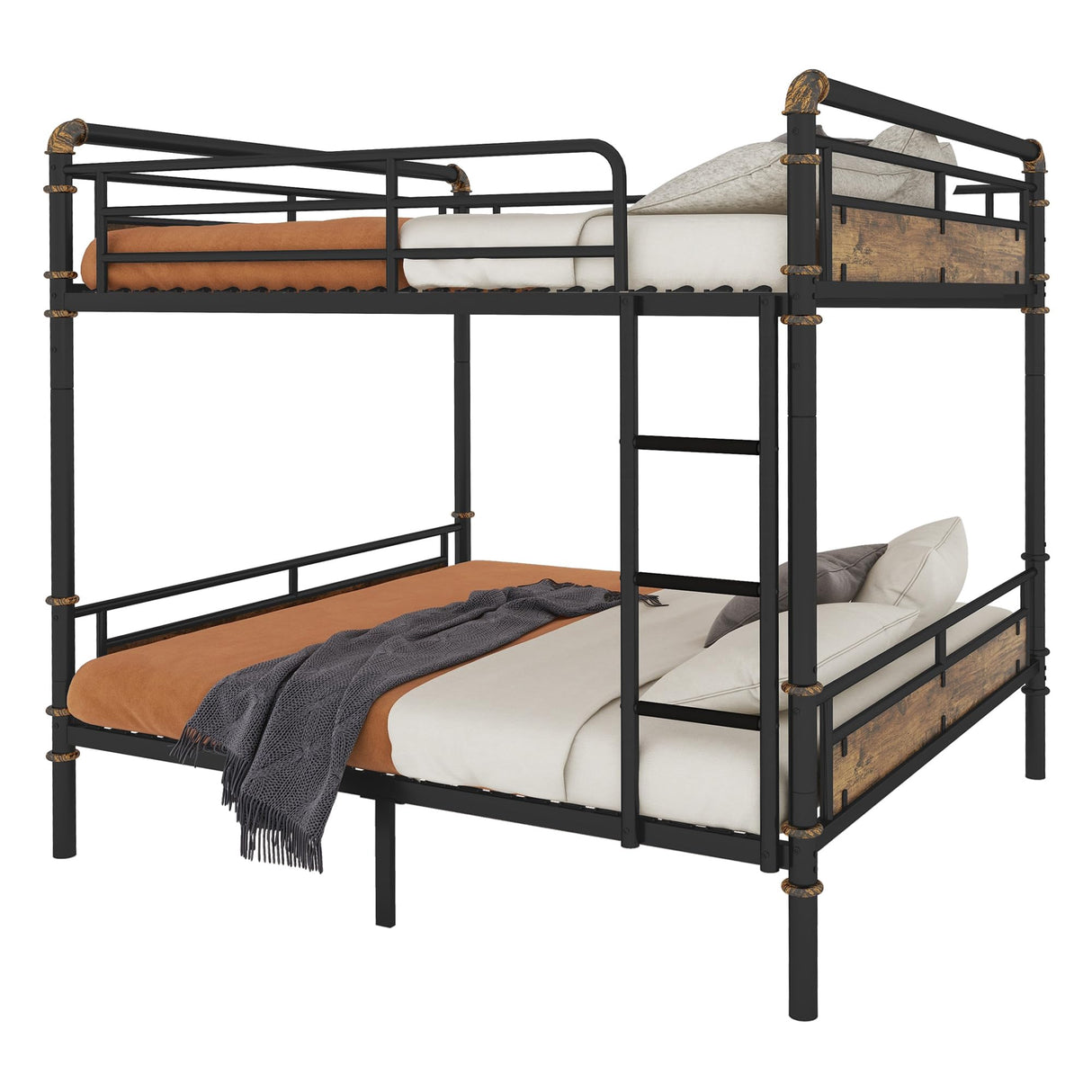 Queen Over Queen Bunk Bed, Heavy Duty Metal Bunk Beds with Ladder for Kids Adults, Space-Saving Bunk Bed with Safety Guardrails and Wood Headboard, Convertible into 2 Beds, No Box Spring Needed, Black RuiSiSi