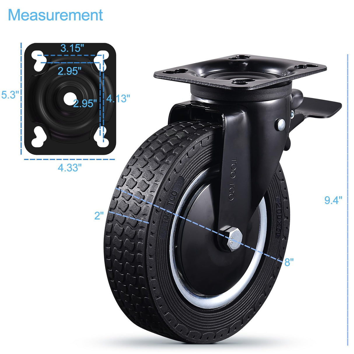 Heavy Duty 8 Inch Caster Wheels Set of 4 Industrial Swivel Locking Casters with Brake 3200 Lbs Load Capacity Rubber Wheels for Cart, Furniture, Workbench Outdoor Black Castors, Includes Bolts & Screws TOO TCO