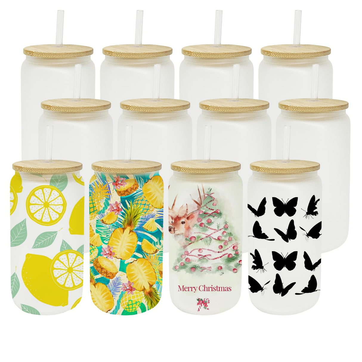 ZREGGUR 25 packs 16oz Sublimation Glasses with Bamboo Lid and straw,Can Shaped Glass Cups, Beer Glasses, Iced Coffee Glasses, Cute Tumbler Cup, Ideal for Cocktail, Whiskey (Frosted) ZREGGUR