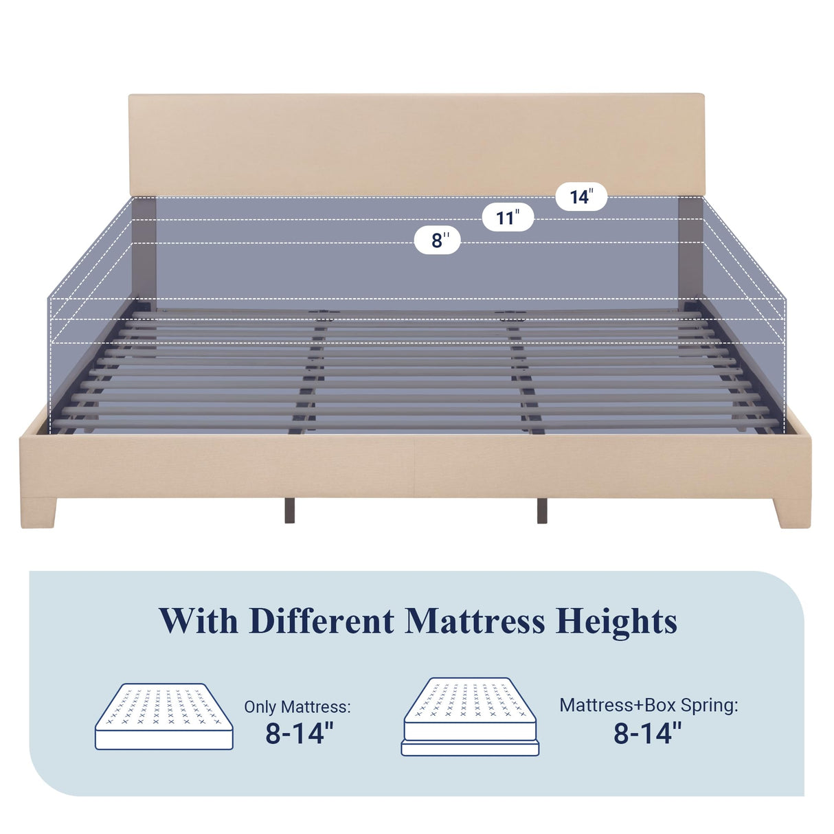 Allewie King Size Beige Upholstered Bed Frame with Adjustable Headboard and Sturdy Wood Slats Allewie