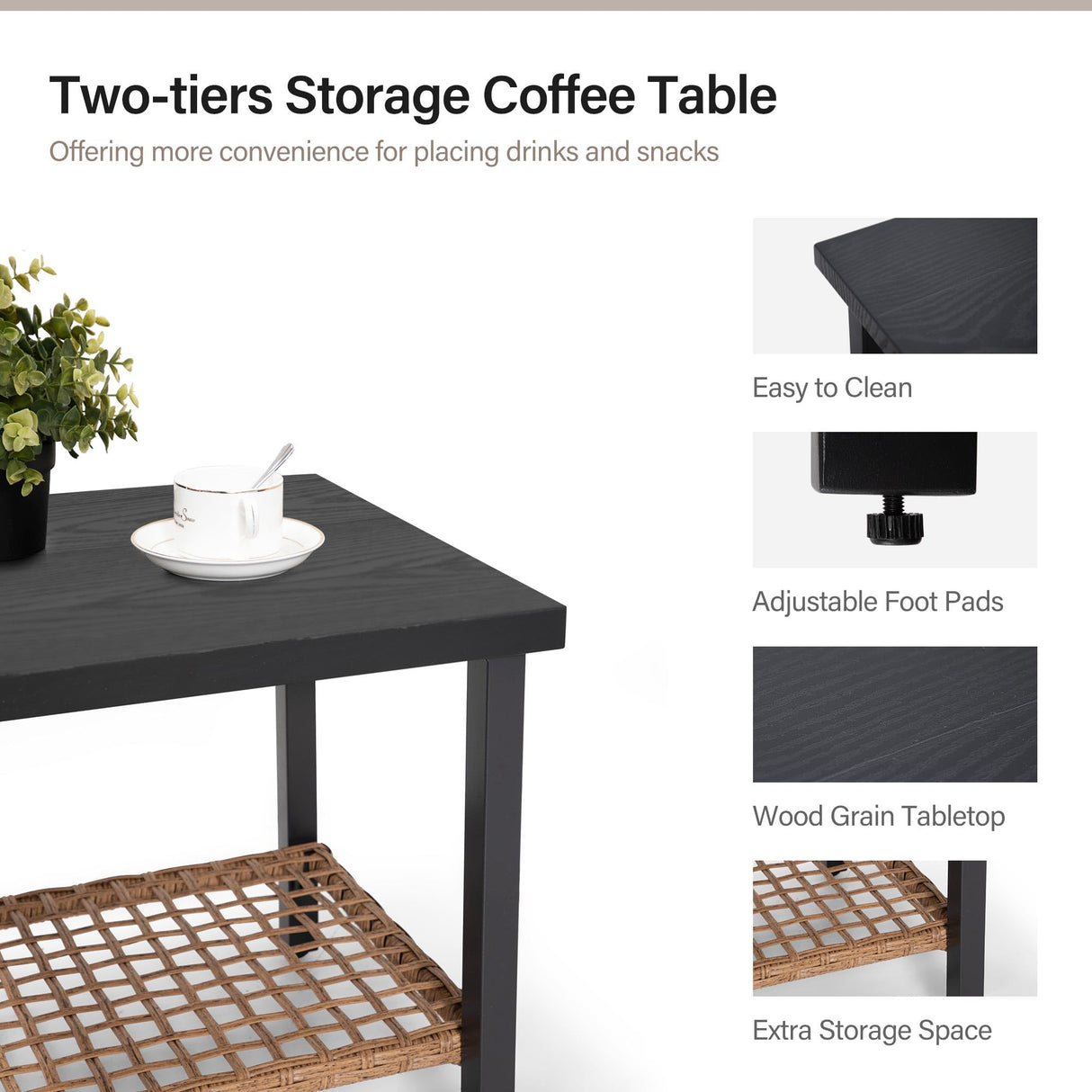 LAUSAINT HOME 3 Pieces Rocking Bistro Set, Outdoor Patio Furniture Set with Thick Cushions and 2-Tier Coffee Table, Oversize Rattan Conversation Sets for Garden, Balcony, Backyard (Beige) LAUSAINT HOME