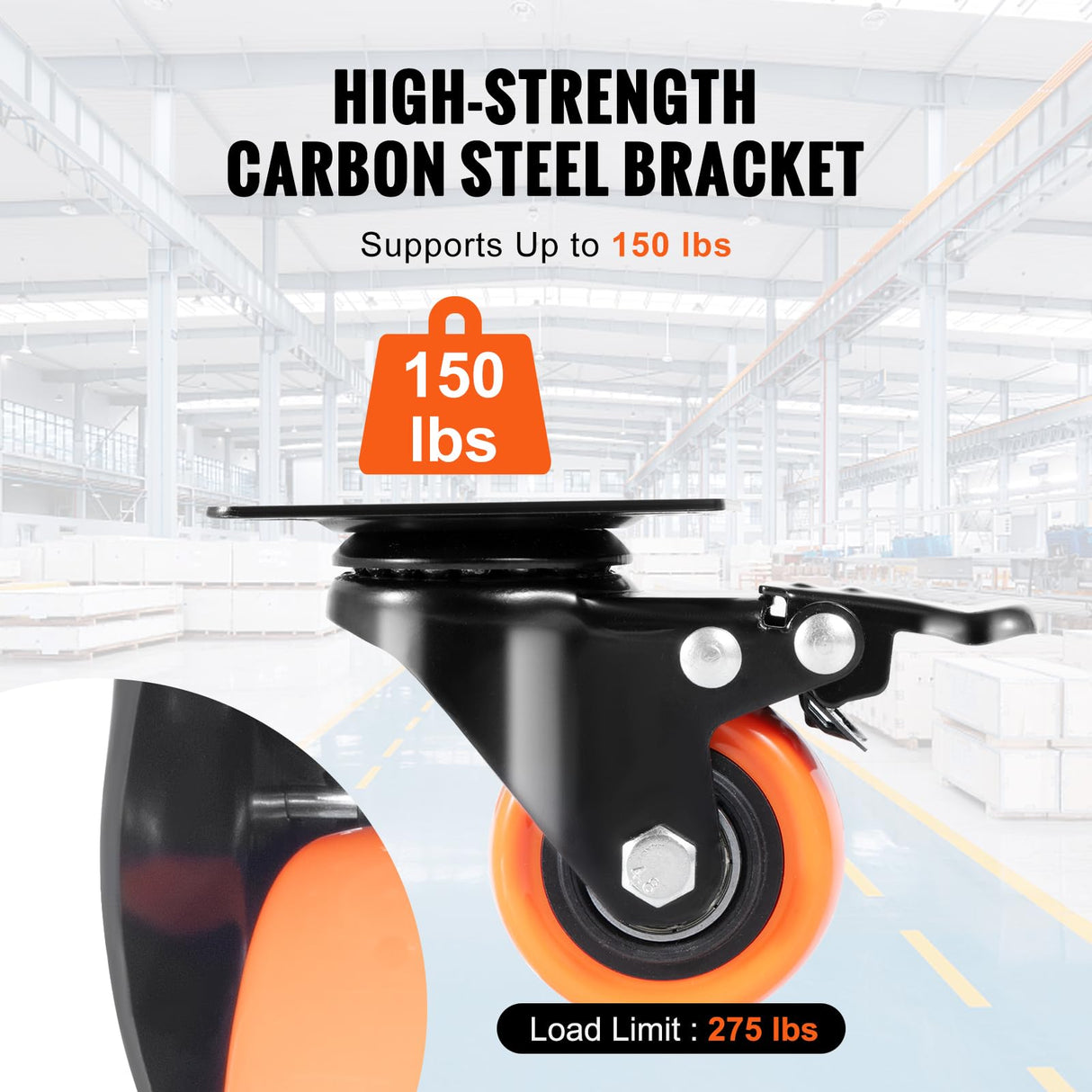 VEVOR Caster Wheels, 2-inch Swivel Plate Casters, Set of 4, with Security Dual Locking No Noise PVC Wheels, Heavy Duty 150 lbs Load Capacity Per Caster, Non-Marking Wheels for Cart Furniture Workbench VEVOR