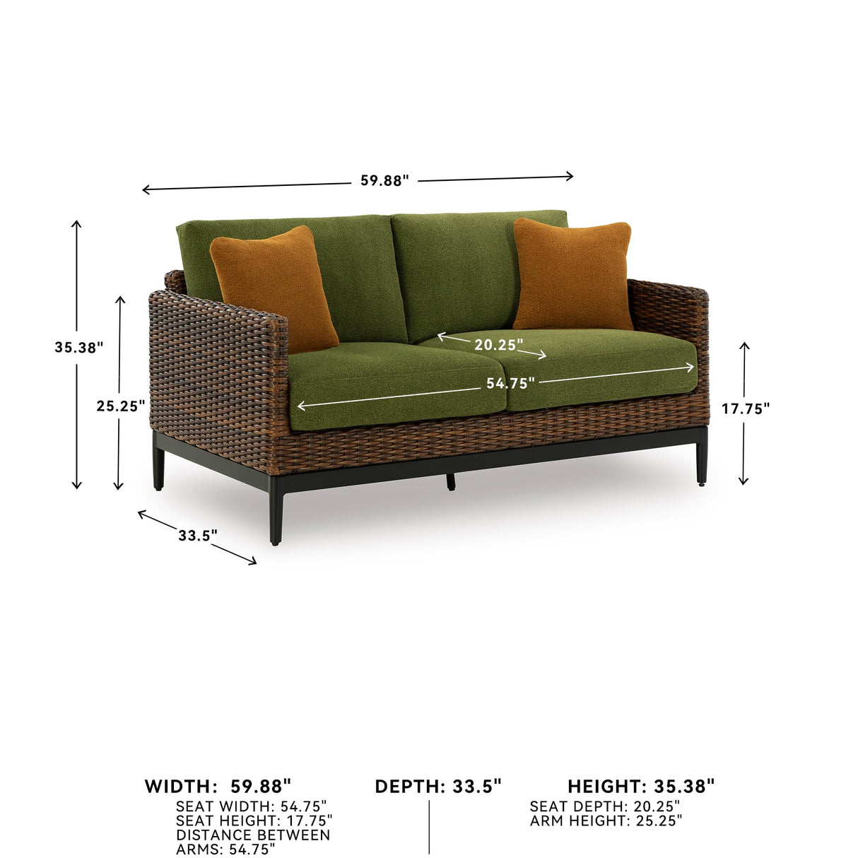 Signature Design by Ashley Horizon Hall Vintage Outdoor Weather Resistant Resin Wicker Loveseat with Cushion and 2 Accent Pillows, Green & Dark Brown Signature Design by Ashley