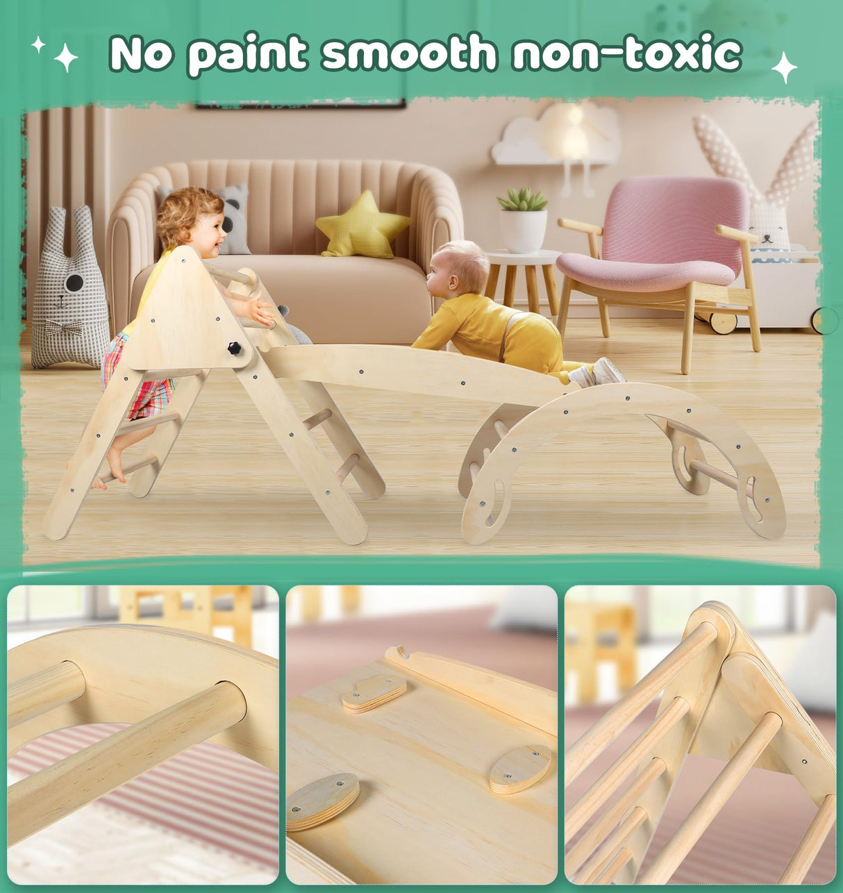 Pikler Triangle Toddler Climbing Toys Set, 5 in 1 Foldable Wooden Indoor Triangle Set with Triangle Ladder, Climbing Ramp, Arch Climber, Rocker, and Slide for Montessori Gym Toys for Kids (Small) BSZGYU