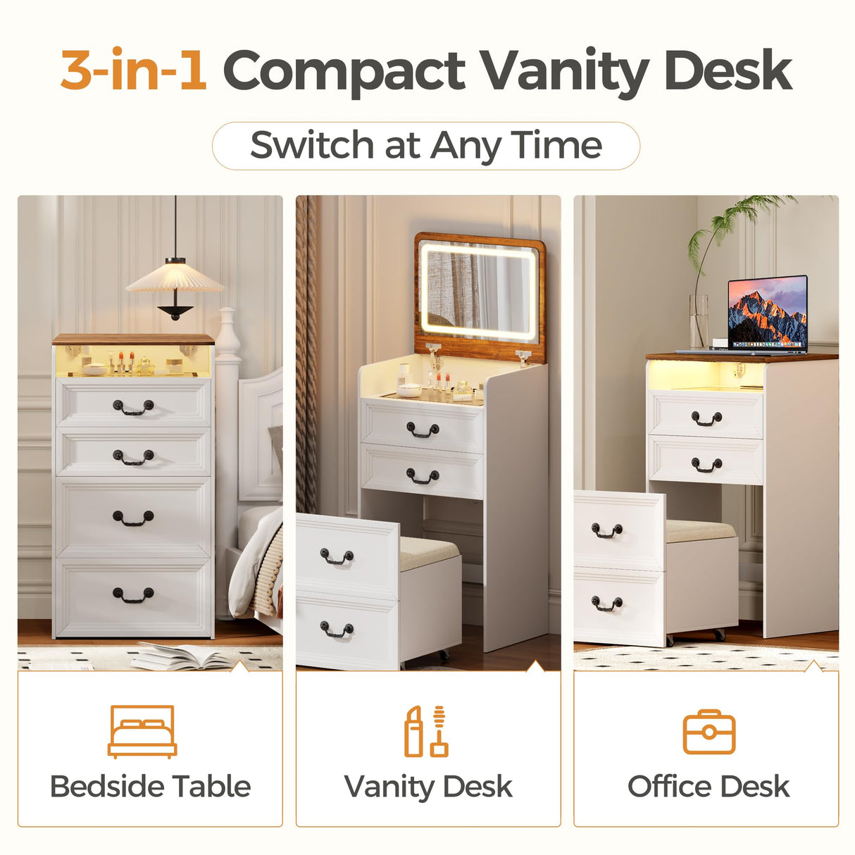 ChicFurnit Makeup Vanity,3-in-1 Vanity Desk with Flip-Top Mirror,Hidden Stool & Visible Glass Desktop,Convertible Vanity Set with USB Charging Station,Open Shelf & 3-Color Lighting,White&Brown ChicFurnit