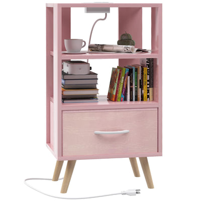 Aenuert Night Stand with Charging Station, Pink Kids Nightstand with Drawer, 3-Tier Nursery Bedside Table with USB Ports and Outlets, End Table for Small Space, Living Room, Bedroom