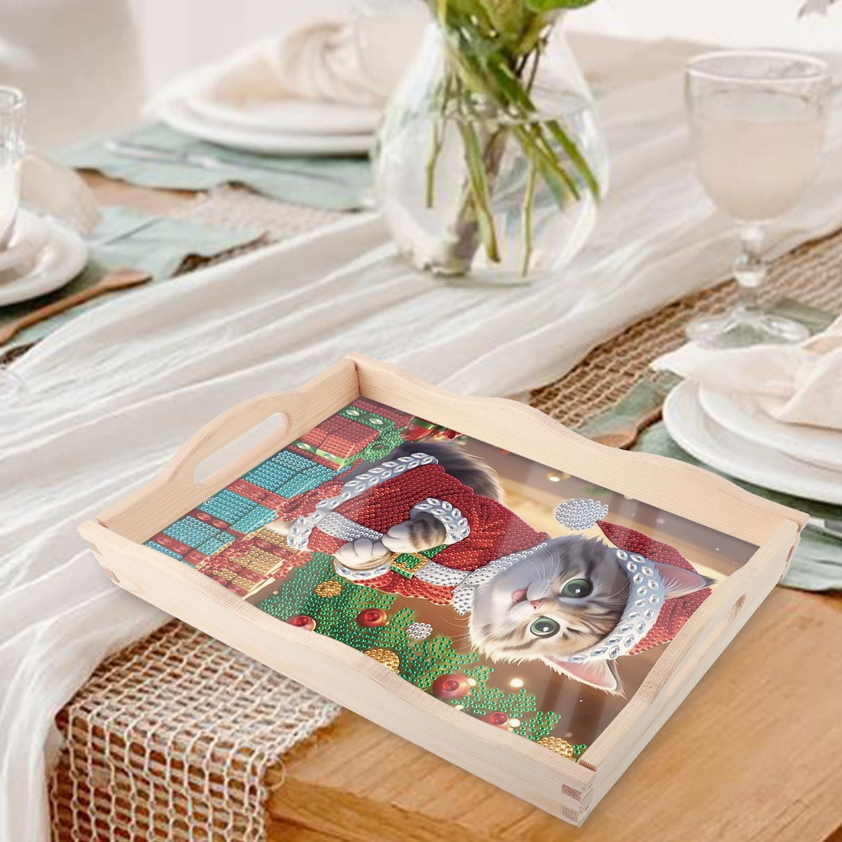 JZHYOAN Cat Diamond Painting Trays, Christmas DIY Special Platter Creative Design, Art Food Serving Platters for Party Supplies, Coffee Serving Table Tray for Living Room Dining Adults Woman Man JZHYOAN