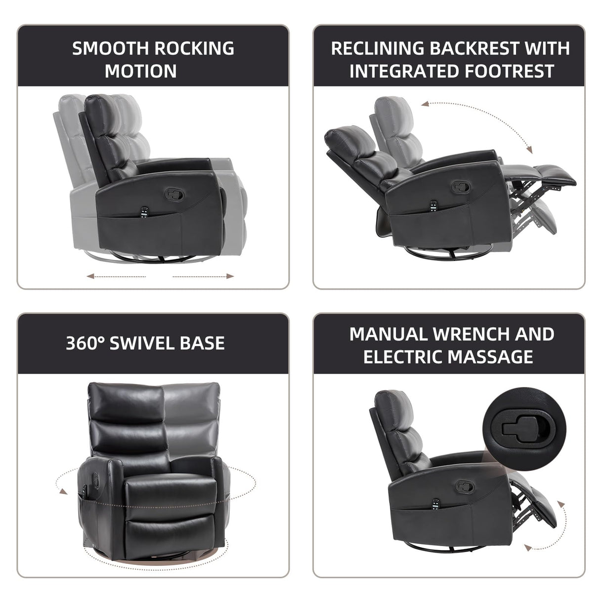 PELUMY Manual Recliner Chair with Heat & Vibration Massage, 360° Swivel Rocker Recliner with 155° Recline and Lumbar Heat, Compact Recliner for Living Room & Small Spaces (Breathable Leather, Black) PELUMY