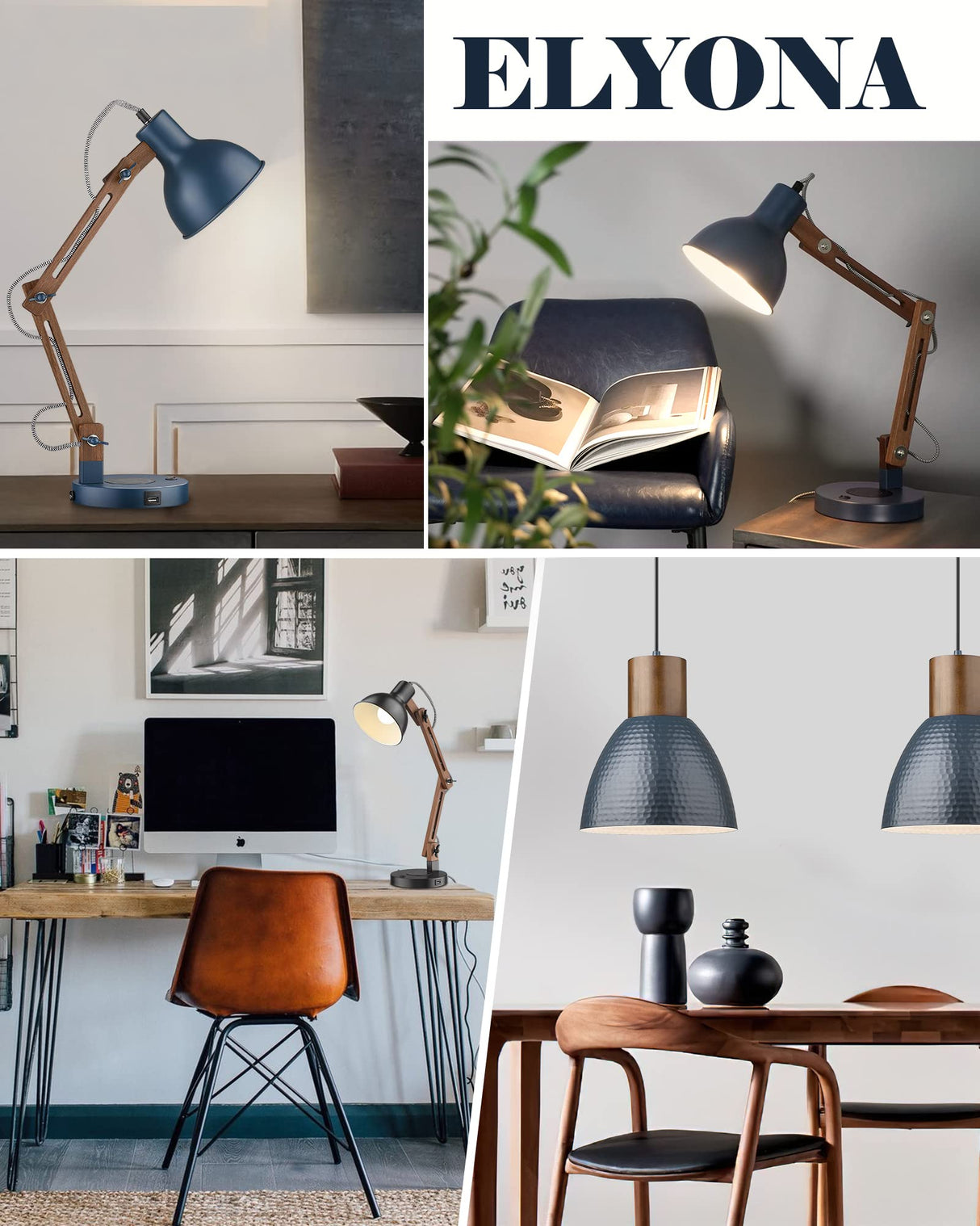 ELYONA Sapele Wood Desk Lamp with Upgraded Wireless Charger, Swing Arm Table Lamp with USB C Charging Port, Reading Task Light for Bedroom, Dorm, Office, Living Room, LED Bulb Include, Modern Blue ELYONA