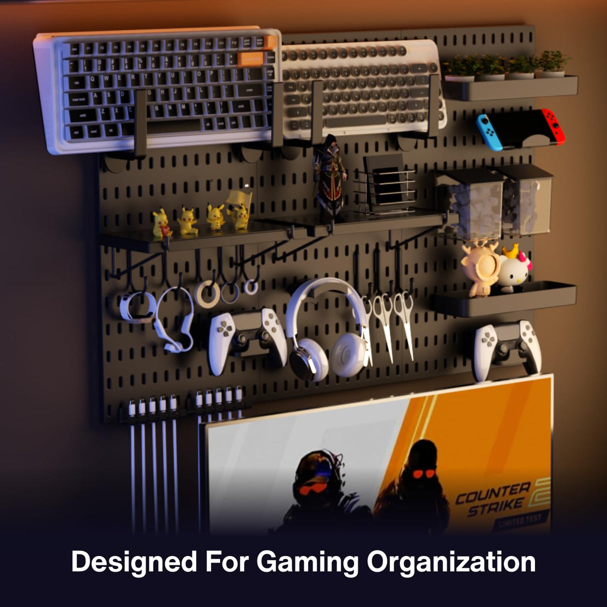 Keepo Pegboard Combination Kit, Pegboards and Accessories Modular Hanging for Gaming Setup, Gaming Station Peg Board, Gaming Organizer, Wall Game Controller Holder, Headset Stand (Black, 33″×22″) Keepo