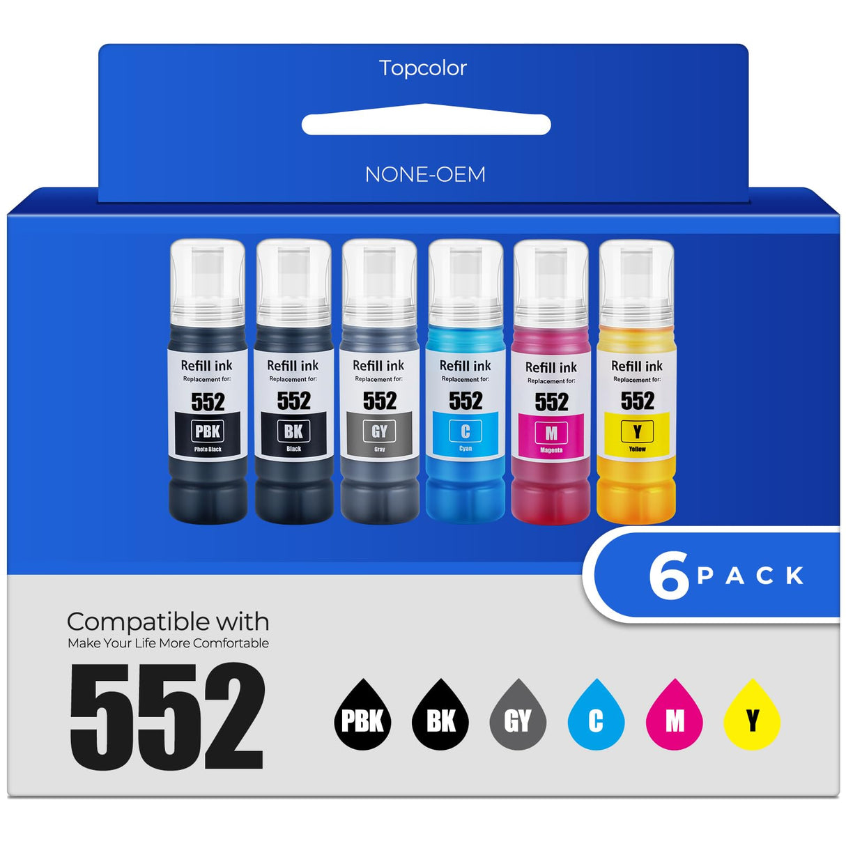 552 Ink Bottles Ecotank 6 Pack ET-8550 ET-8500 Replacement for Epson 552 Ink Refill Bottle Work for Ecotank Photo ET 8550 ET8550 Ecotank Photo ET 8500 ET8500 Printer (BK PB C M Y GY) Topcolor