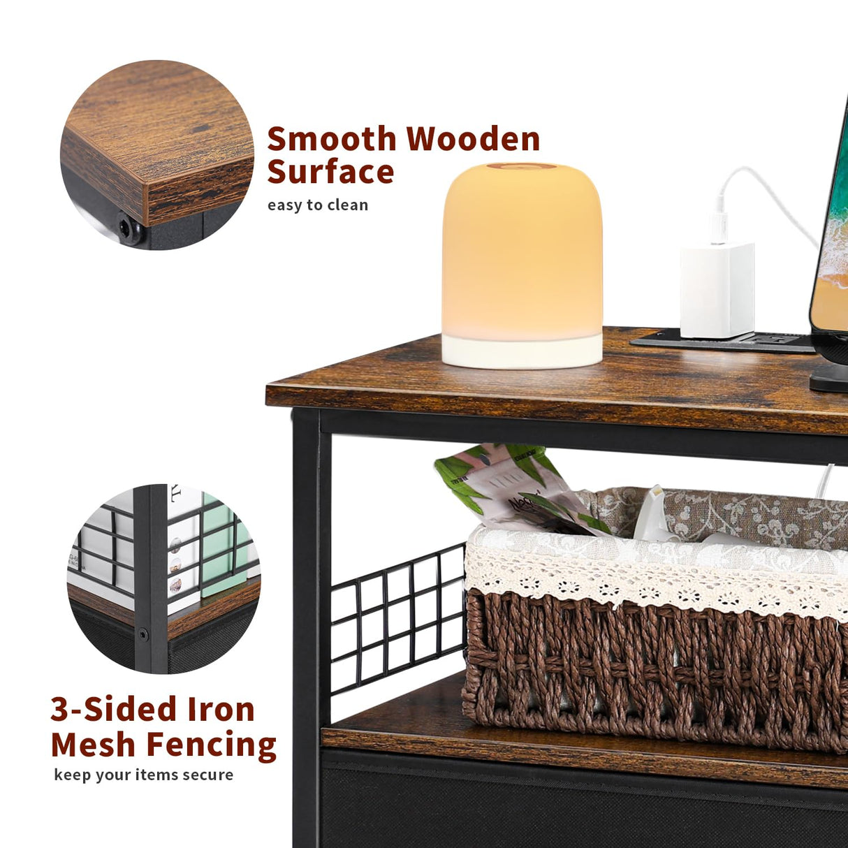 LAKEMID Night Stand Set 2 with Charging Station, Nightstands Set of 2 with 20 Colors LED Light Strip 3 Drawers, Side Tables Bedroom End Table with USB ports and Outlets for Living Room (Rustic Brown) LAKEMID