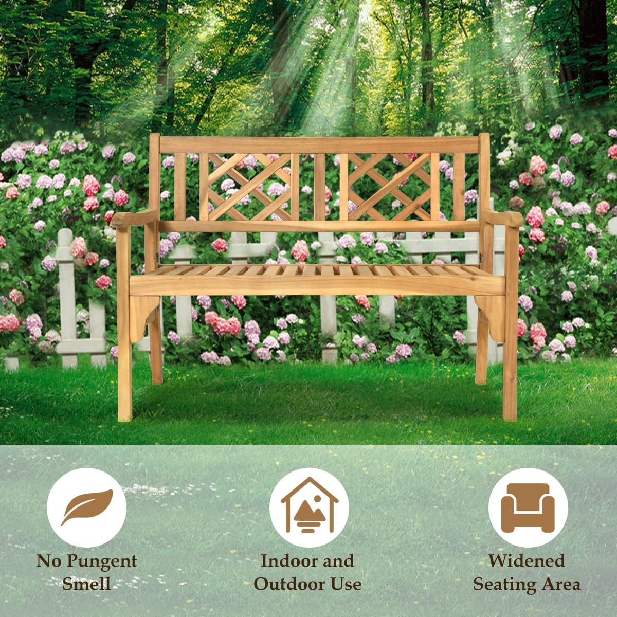 SPORFIT Rustic Garden Bench, Foldable Outdoor Bench with High Back & Armrest, 4 FT Acacia Wood Bench, 2-Person Loveseat Chair for Front Porch, Patio, Backyard & Park, Light Teak Finish SPORFIT