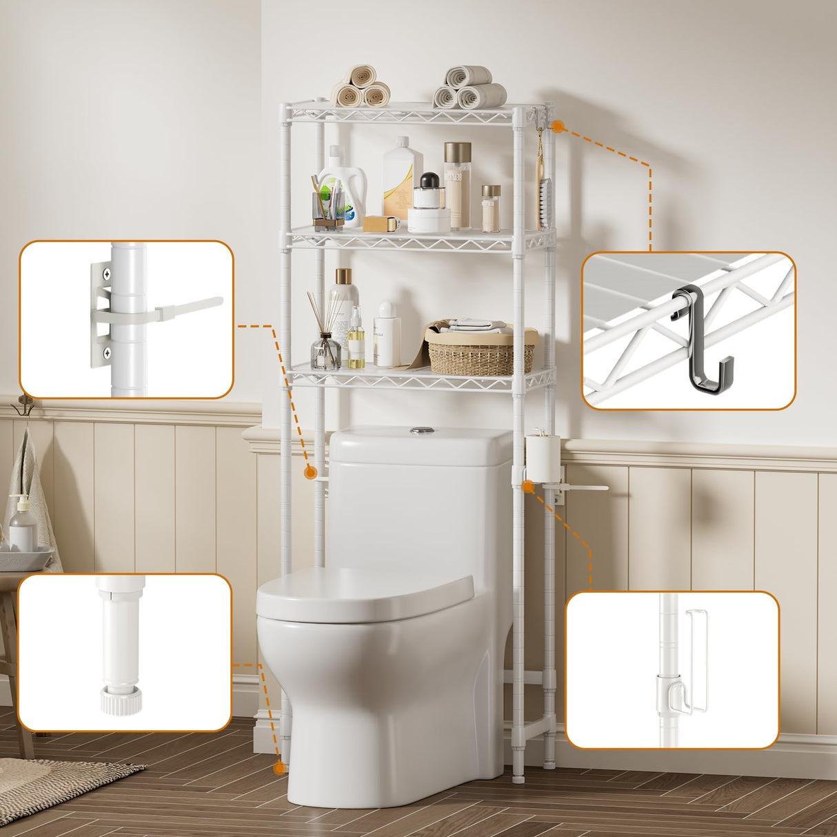 Over The Toilet Shelf,3-Tier Adjustable Freestanding Metal Bathroom Organizer Shelves with Toilet Paper Holder & Hooks,Space-Saving for Narrow Small Bathroom,10”D x 24”W x 66”H,White Golpart