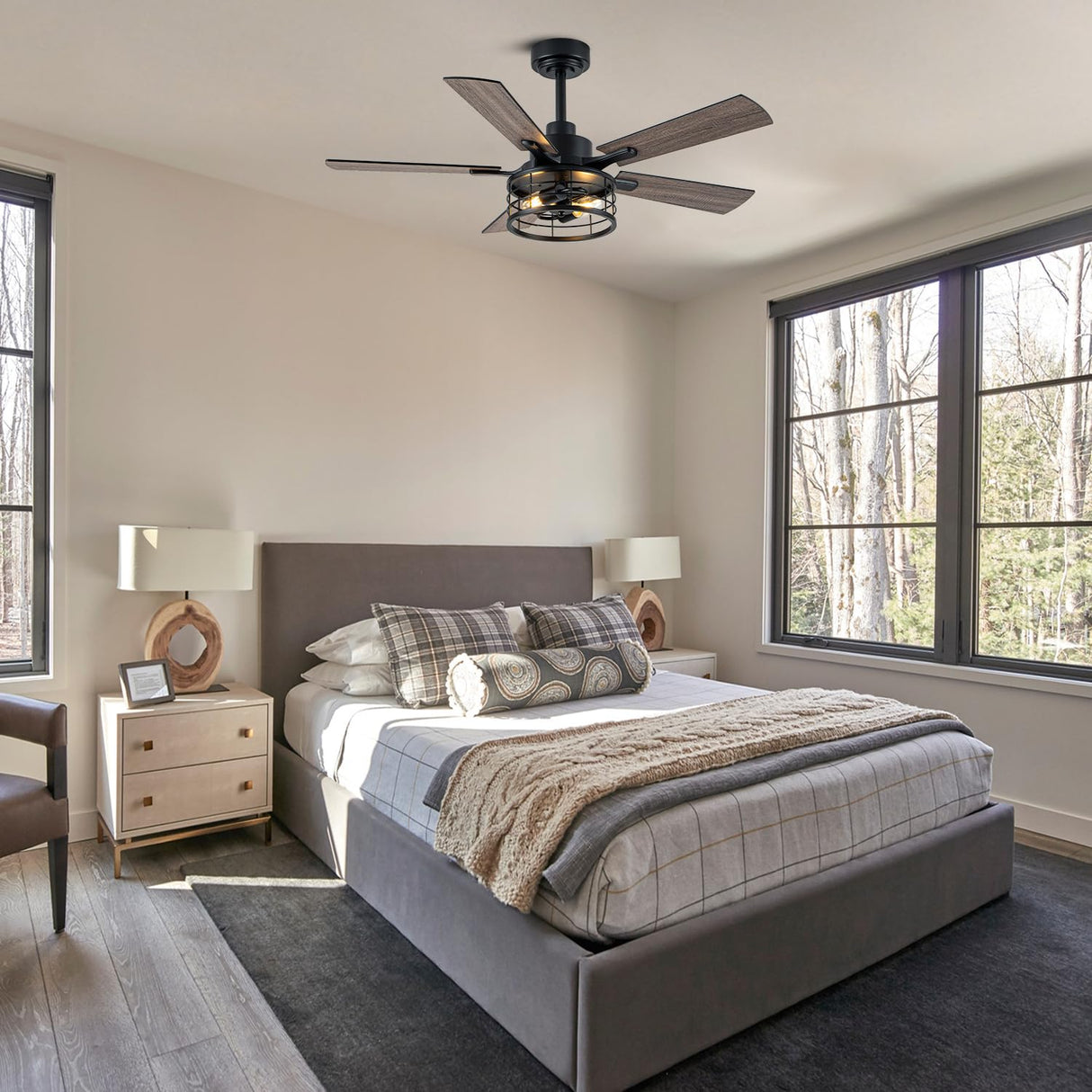 Curve Curio 46 Inch Farmhouse Ceiling Fan with Light and Remote Black Industrial Ceiling Fan Quiet and Reversible DC Motor Rustic Caged Chandelier Fan for Living Room Bedroom Patio Curve Curio