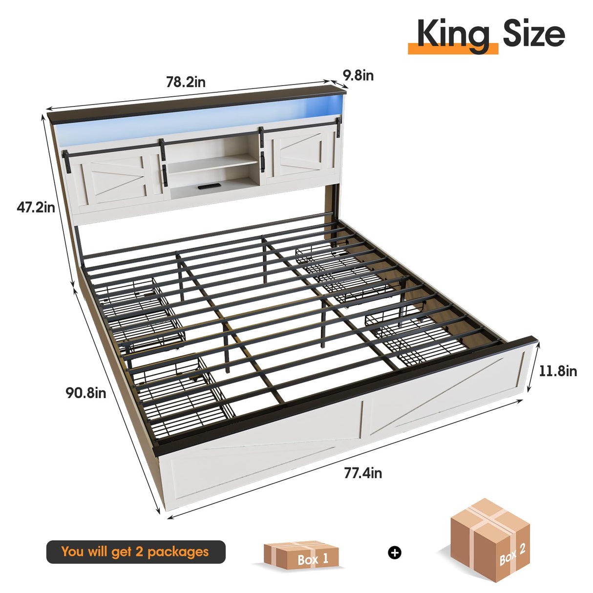 Fameill Farmhouse King Size Bed Frame with 4 Drawers and Bookcase Headboard, Sliding Barn Door Storage Shelves, LED Lights and Charging Station, No Box Spring Needed, Antique White Fameill