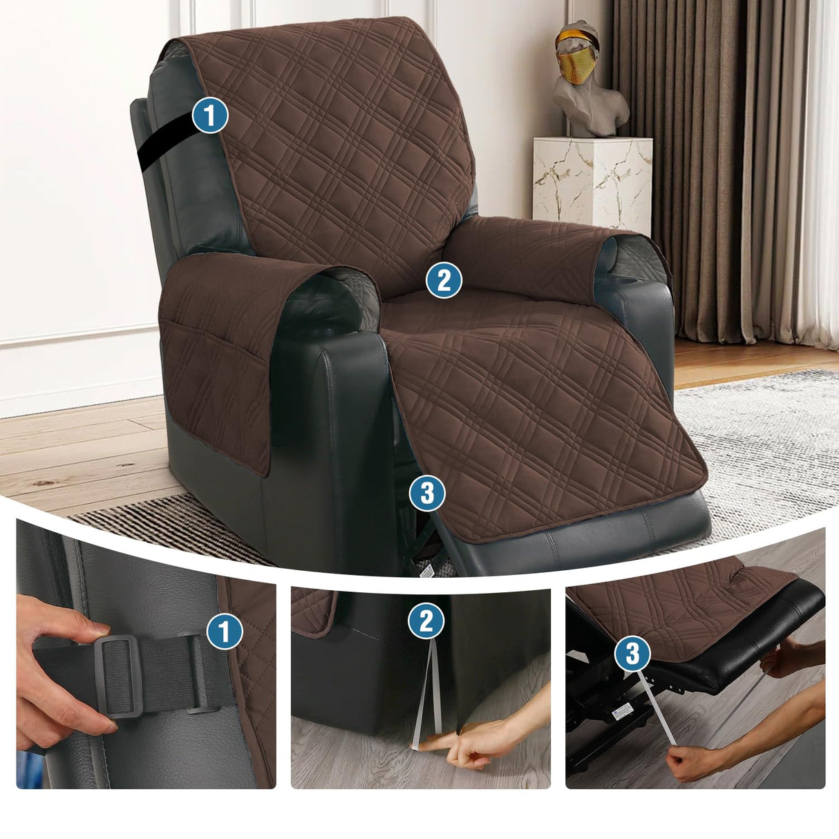 H.VERSAILTEX 100% Waterproof Recliner Chair Cover Non-Slip Reclining Cover for Electric Power Lift Recliner Chair Washable Reclining Chair/Furniture Protector for Kids, Pets,Brown/Beige H.VERSAILTEX