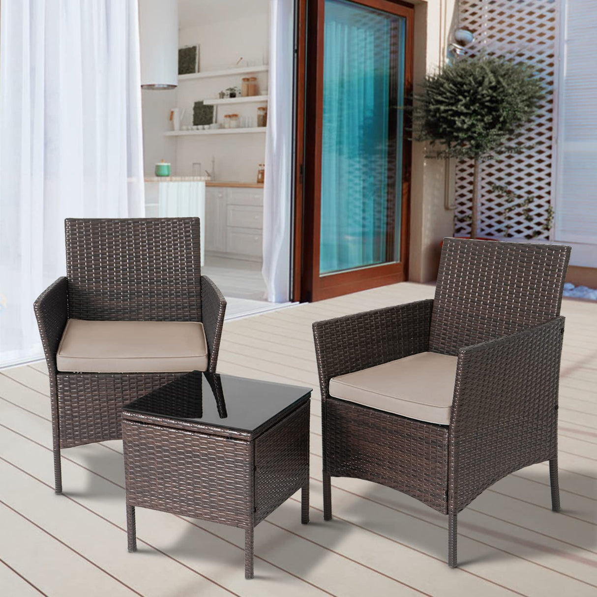 PayLessHere 3-Piece Outdoor Wicker Conversation Bistro Set Outdoor Patio Porch Furniture Sets for Yard, Garden with 2 PE Rattan Wicker Chairs, 2 Cushions,1 coffee table (Khaki) PayLessHere