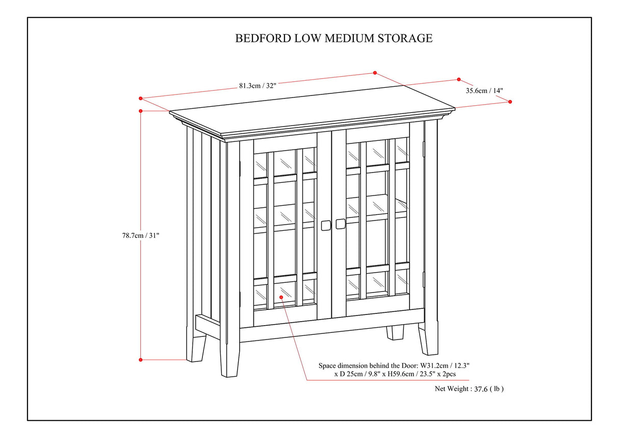 SIMPLIHOME Bedford SOLID WOOD 32 inch Wide Transitional Low Storage Media Cabinet in Light Golden Brown, with 2 Tempered Glass Doors, 2 Adjustable Shelves SIMPLIHOME