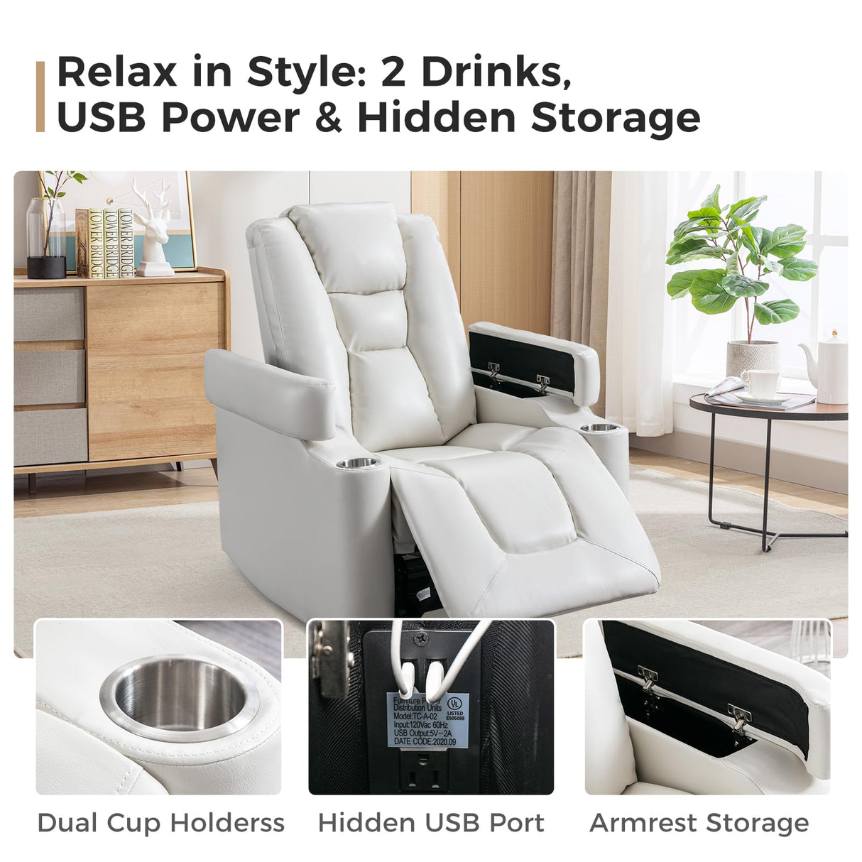 ANJ White Power Recliner Chair Set of 2, Electric Home Theater Seating Soft Leather Reclining Chairs for Movie Room Overstuffed Recliners with Hidden Arm Storage, Cup Holders and USB Ports ANJ