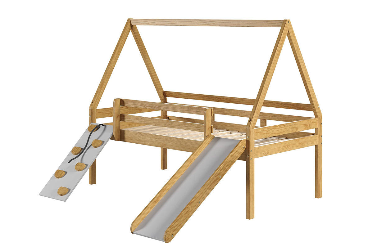P'Kolino Casita Play Bed - Twin - Low Loft Bed with Slide, Climbing Ramp - Solid FSC Certifed Wood - Natural Wood P'Kolino