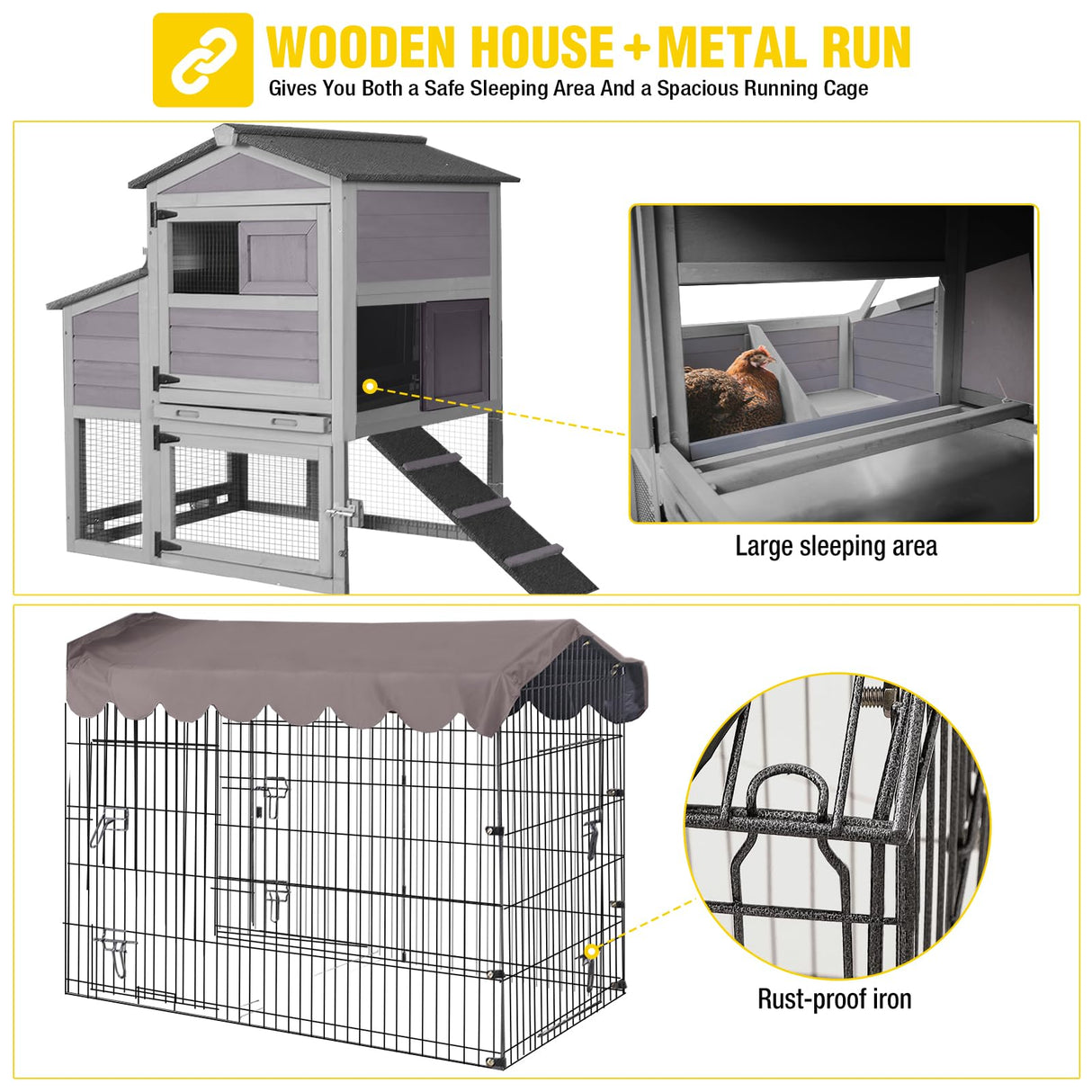 Aivituvin Chicken Coop Mobile Chicken House with Metal Chicken Run Outdoor Rabbit Hutch Wooden Hen House Chicken Tractor with Wheels 82" Aivituvin