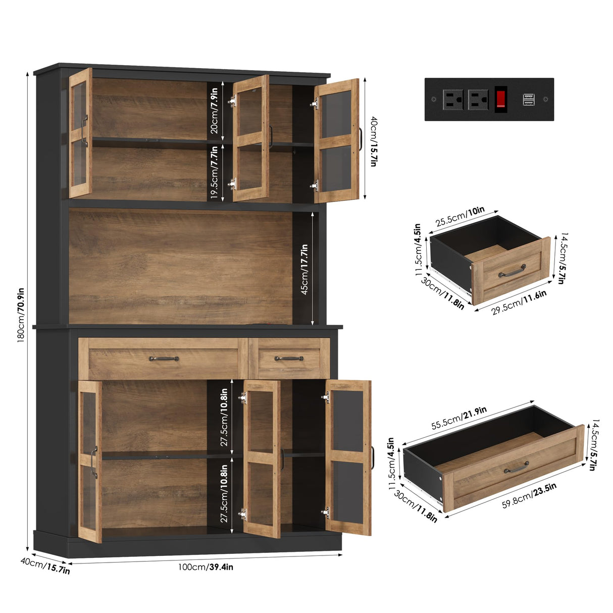 FINETONES 71" Pantry Cabinet with LED Light and Charging Station, Storage Cabinet with Microwave Stand, Kitchen Pantry Hutch Cupboard with Doors and Shelves, Black/Brown FINETONES