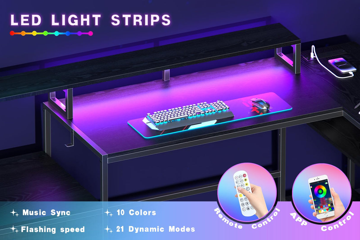 Bergoolin Black L-Shaped Gaming Desk with LED Lights, Power Outlets, and Ample Storage Bergoolin