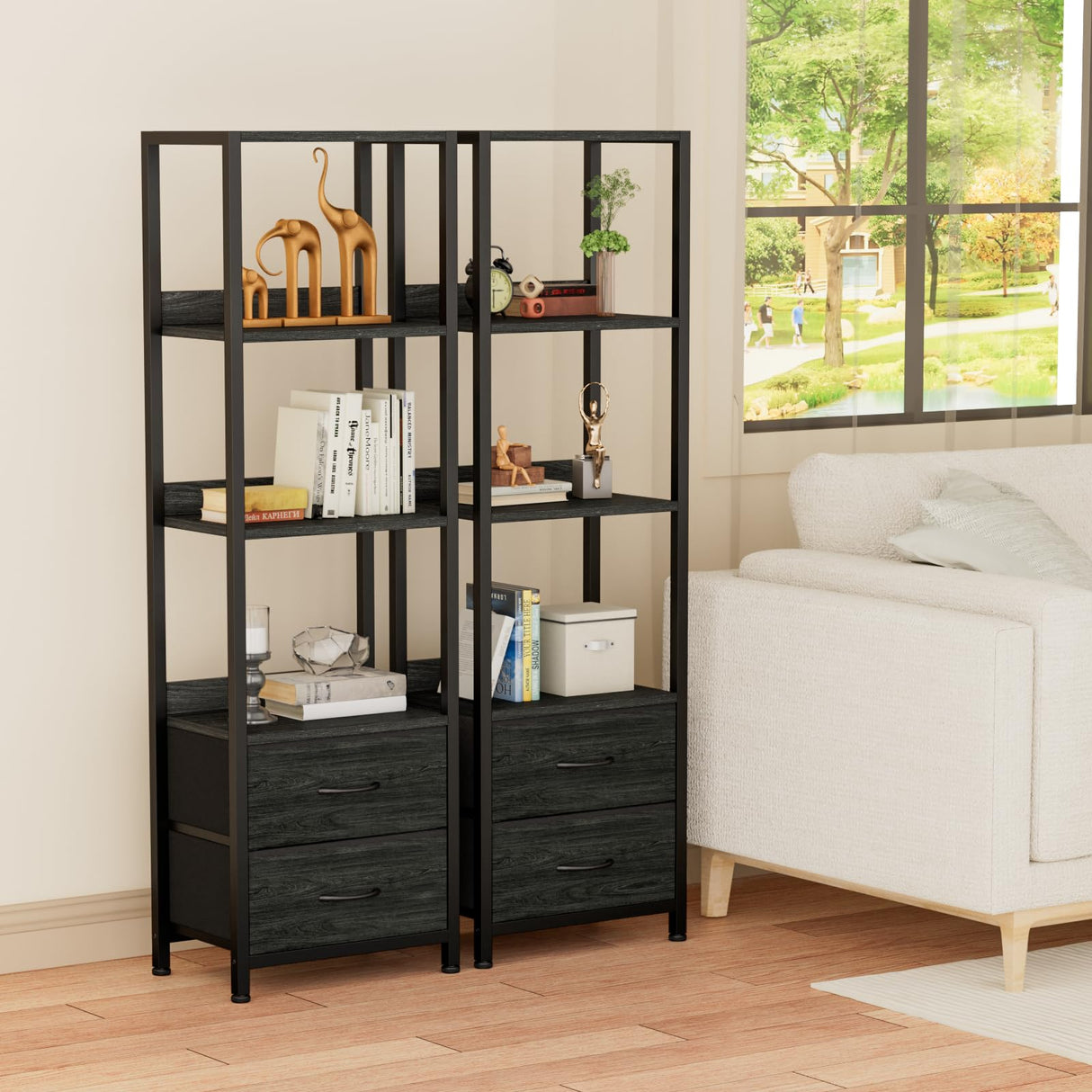 Furnulem 4-Tier Corner Shelf, Bookshelf with 2 Storage Drawers, 57.28”Tall Narrow Bookcase, Standing Shelf Organizer Unit for Living Room, Bedroom, Metal Frame, Wood Display Shelf Furnulem