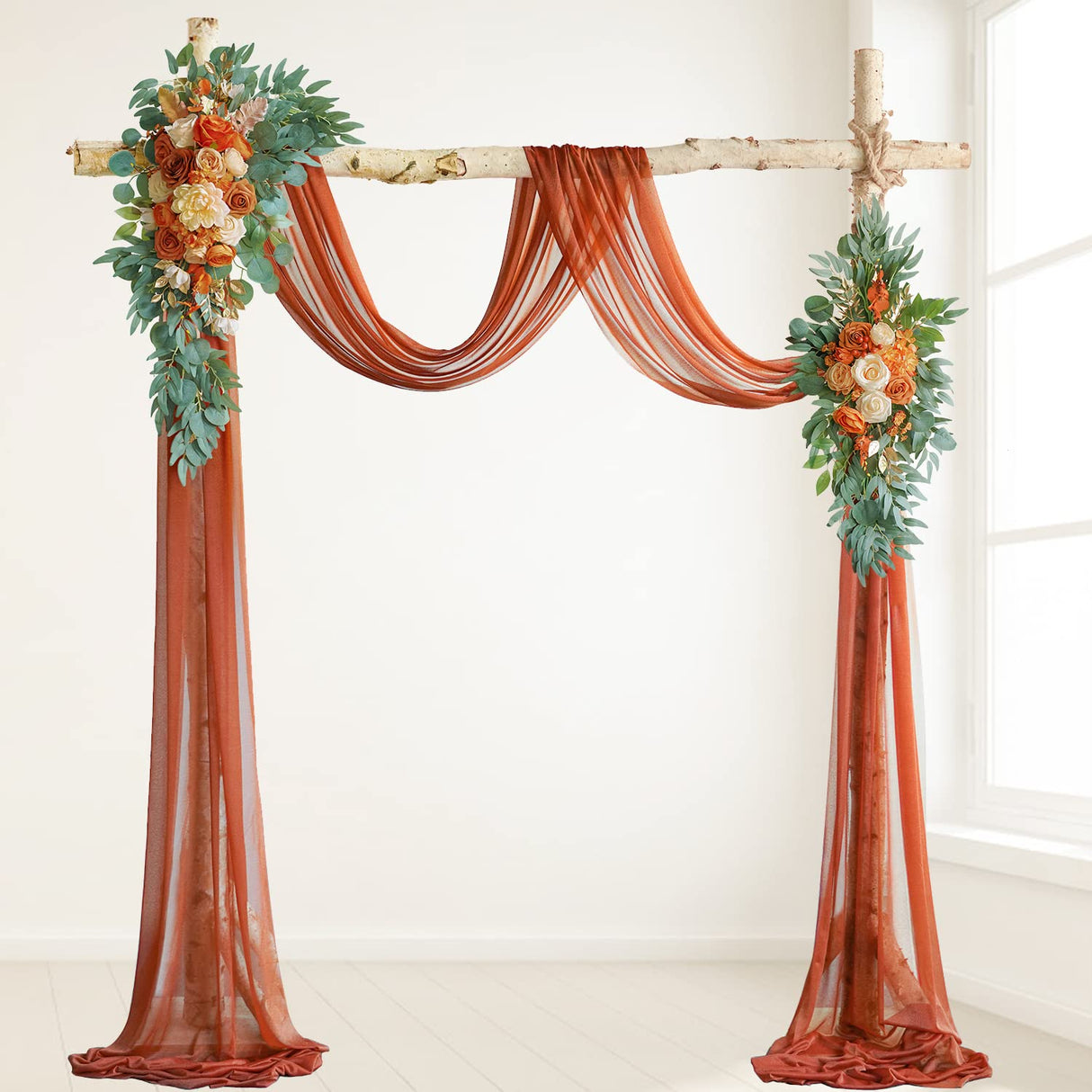 ponatia Artificial Wedding Arch Flowers Kit(Pack of 3) with 26Ft Shiny Wedding Arch Draping Fabric, Arch Flowers for Wedding Ceremony and Reception Backdrop Wedding Decoration (Burnt Orange) ponatia