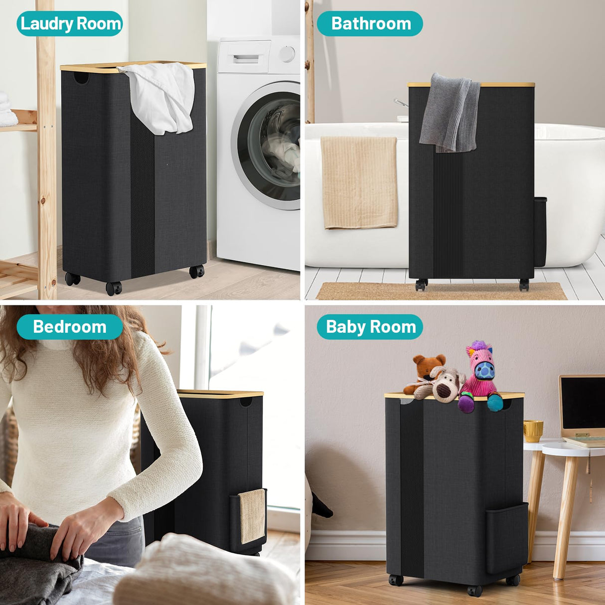 BlissTotes 75L Laundry Basket Slim Laundry Hamper with Wheels Lid, Collapsible Laundry Hampers, Laundry Bin, Clothes Hamper Basket with Internal Support & Handles for Bathroom, Bedroom (Gray) BlissTotes