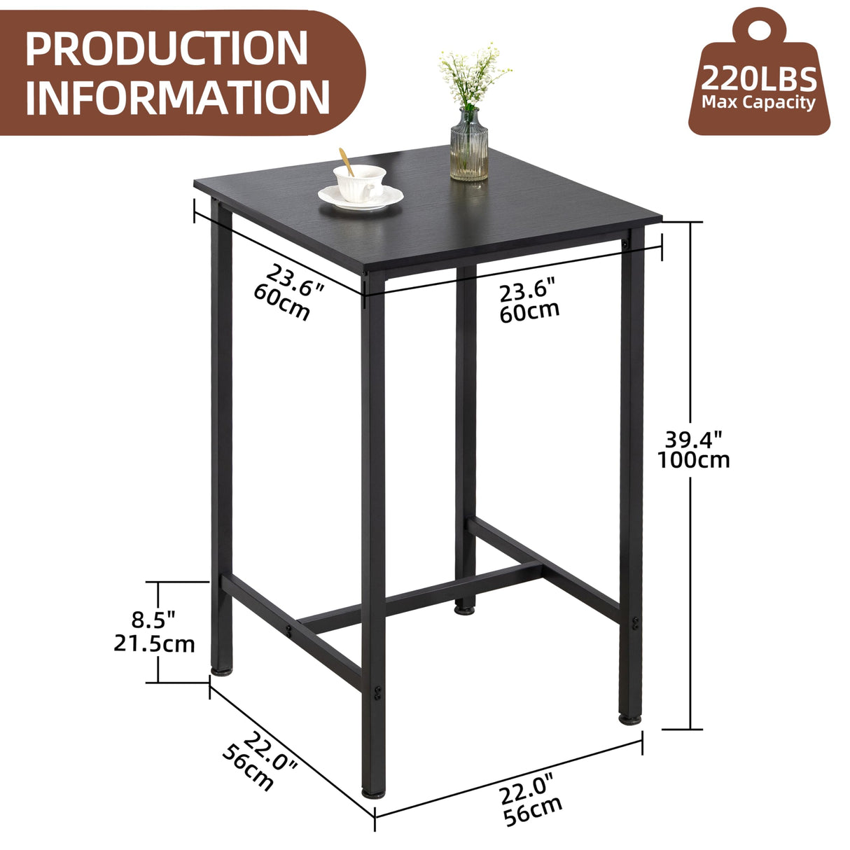 Finnhomy Rustic Black High Top Bar Table – 23.6" Square Cocktail Table for Small Spaces Finnhomy