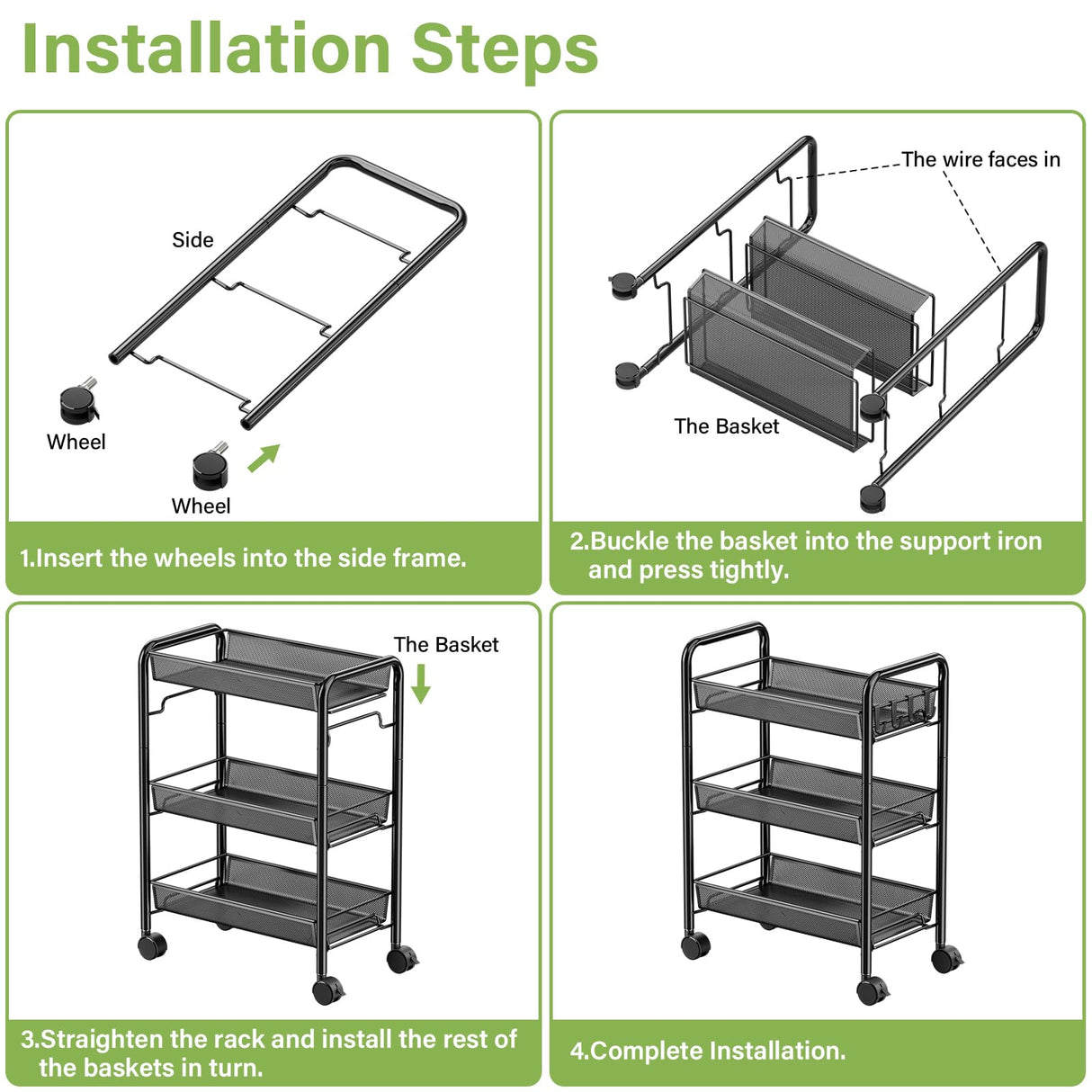 JANE EYRE 3-Tier Rolling Utility Storage Rack Cart on Wheels, Trolley Craft cart, Multi-Purpose Organizer Shelf, Black JANE EYRE