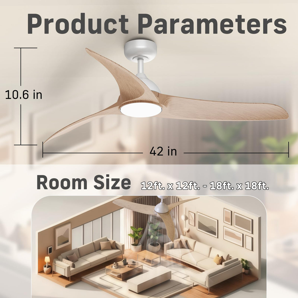 TAVZAKE Ceiling Fans with Lights, 42 inch Low Profile Ceiling Fan with Light and Remote, Flush Mount, LED Dimmable, 6 Speeds, Quiet Reversible Motor, Modern Ceiling Fan with Light for Bedroom (Wood) TAVZAKE