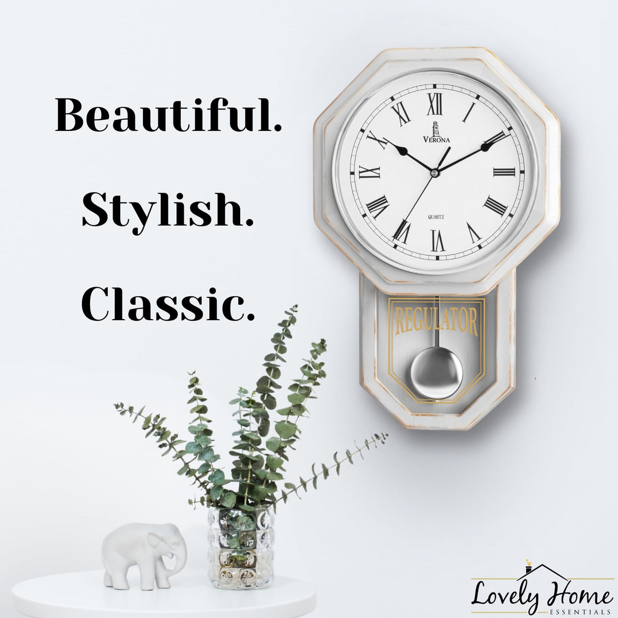 White Pendulum Wall Clock - Rustic Wooden Farmhouse Wall Clock - Regulator Clock Battery Operated - Wood Pendulum Clock - Decorative Wall Clocks for Living Room Decor, Home, Office and Gift 18x11 Lovely Home Essentials