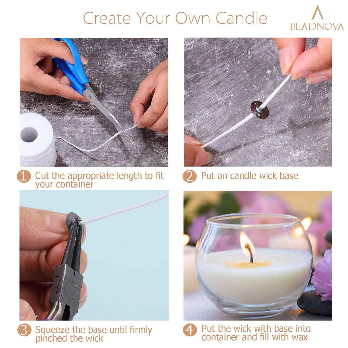 BEADNOVA Braided Candle Wick Spool with Base Set 200 ft Cotton Candle String Roll and 300pcs Wick Clips Sustainer Tabs for Making DIY BEADNOVA